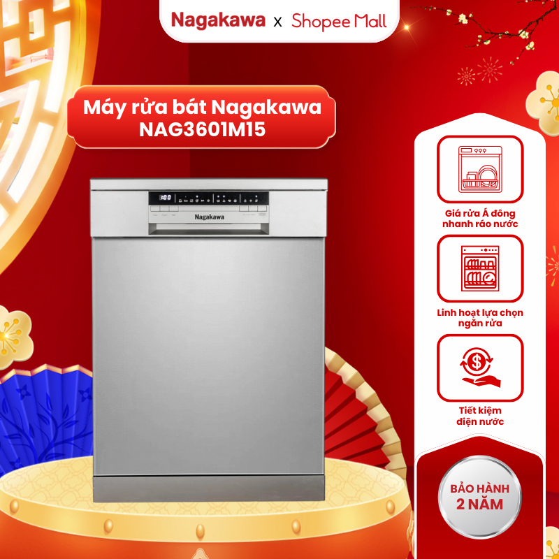 Miễn phí công lắp - Máy rửa bát/rửa chén 8 bộ/15 bộ cao cấp Nagakawa NK8D61M/NAG3601M15 - BH 2 năm -