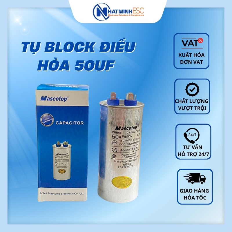 Tụ block điều hòa 50uF 450V CBB65 chính hãng Mascotop