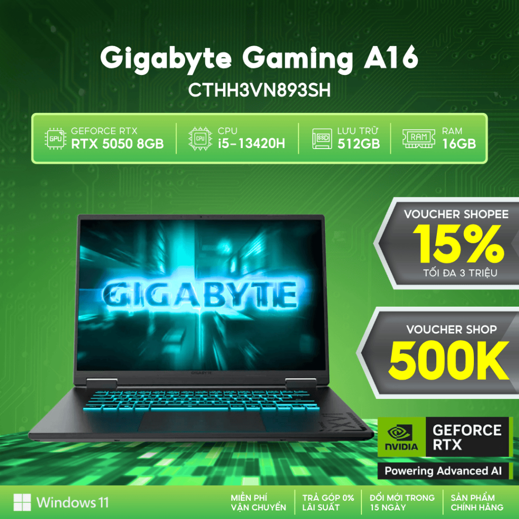 Laptop Gigabyte Gaming A16 CTHH3VN893SH Card đồ hoạ GeForce RTX™ 5050 8GB/ Core i5-13420H / 16GB /51