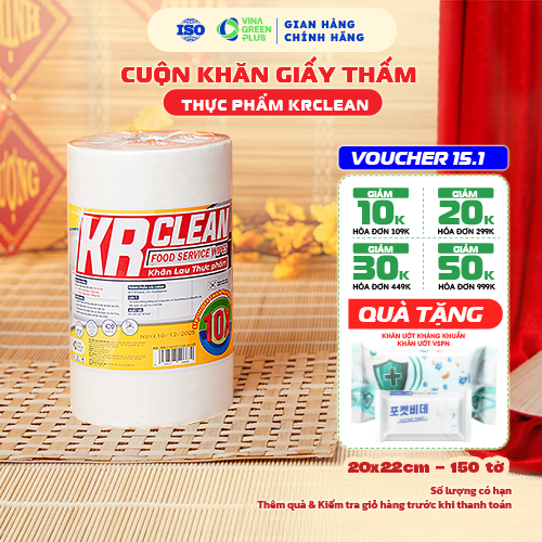 Cuộn khăn giấy thấm thực phẩm KRCLEAN 150 tờ siêu dai thấm hút nước, lau đa năng, thấm thịt cá, giấy