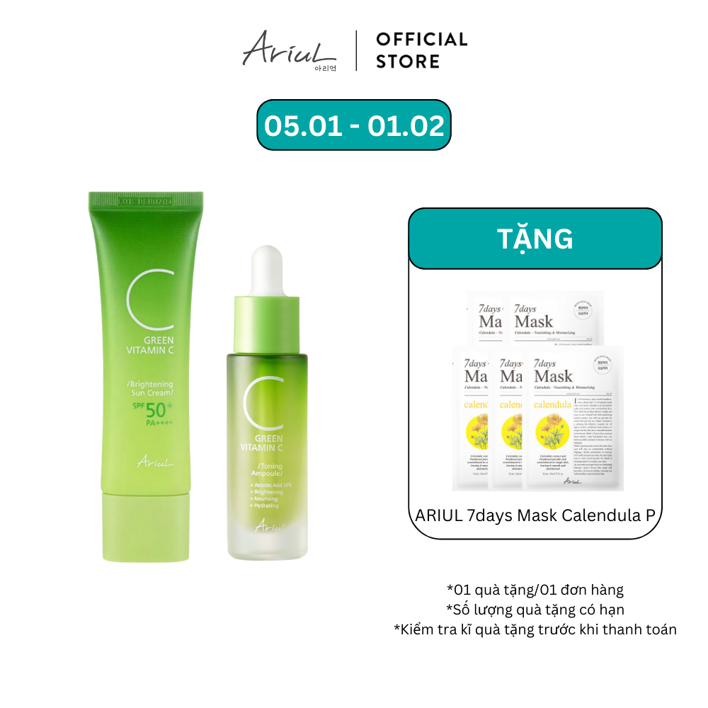 Combo Dưỡng Da Ariul Green Vitamin C Ariul Toning Ampoule 15ml & Green Vitamin C Brightening Sun Cre
