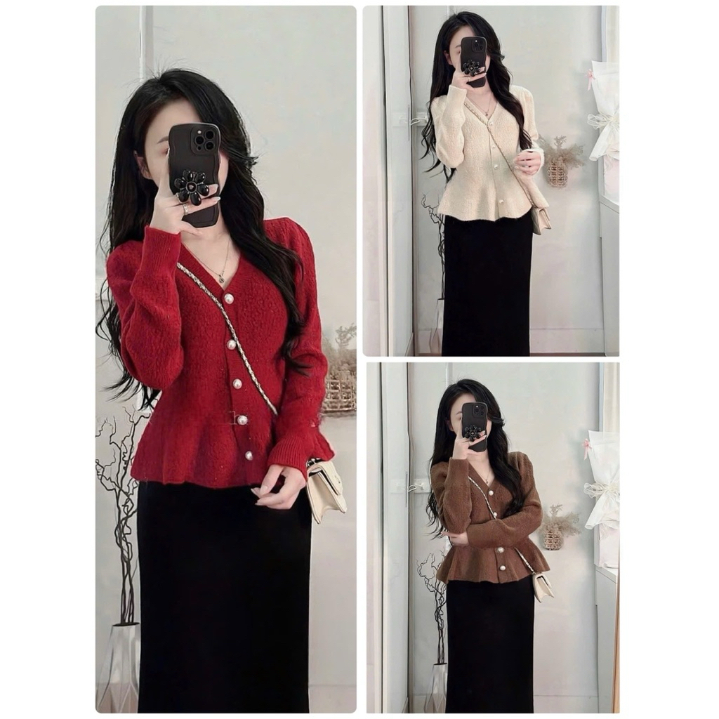 Áo Len Nữ Dáng Peplum Cổ Tim Đính Nút Ngọc – Thanh Lịch, Tôn Dáng ✨
