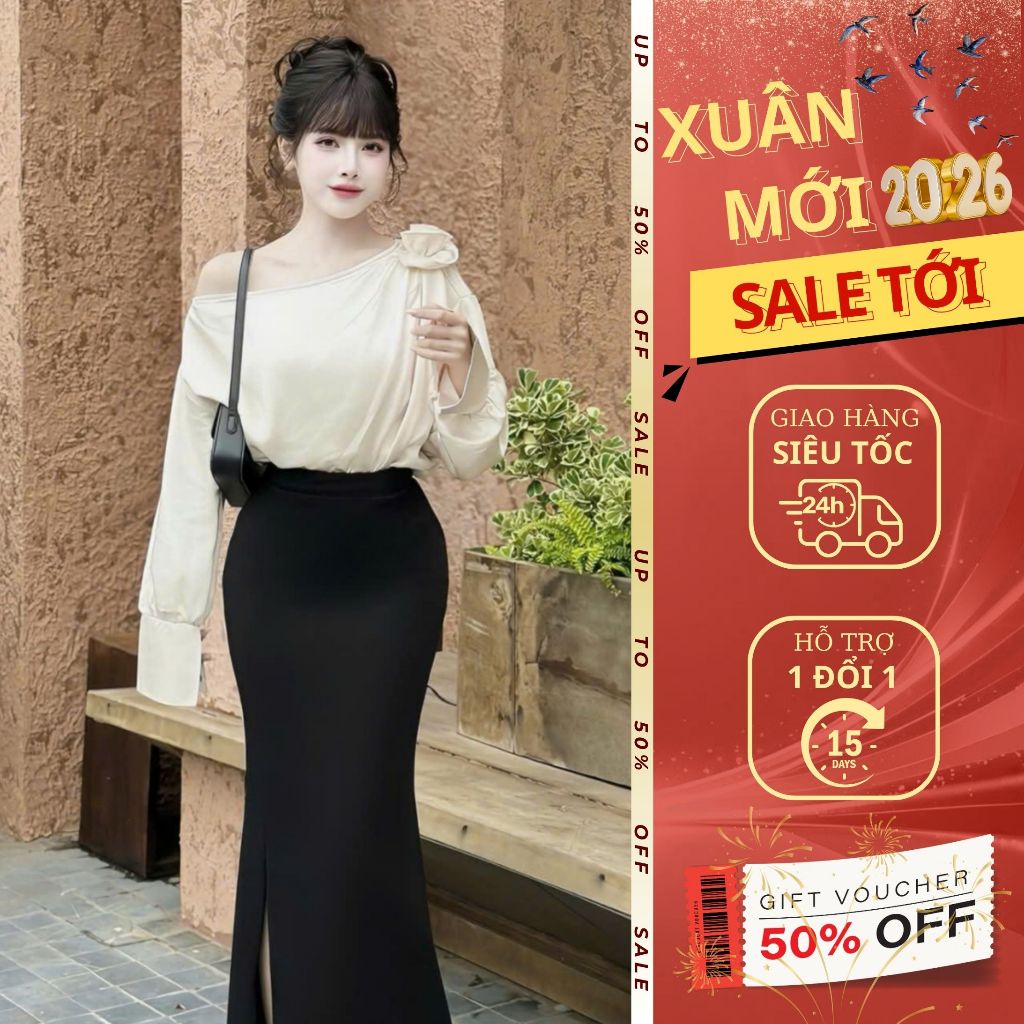 Áo lệch vai dài tay EMILI DESIGN áo trễ vai tay dài cách điệu phối hoa [T1040]