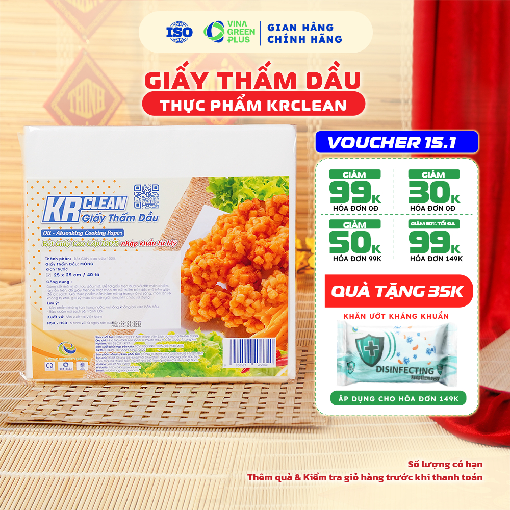 Giấy thấm dầu thực phẩm Krclean, giấy thấm hút dầu mỡ thức ăn, đồ chiên rán, an toàn thực phẩm