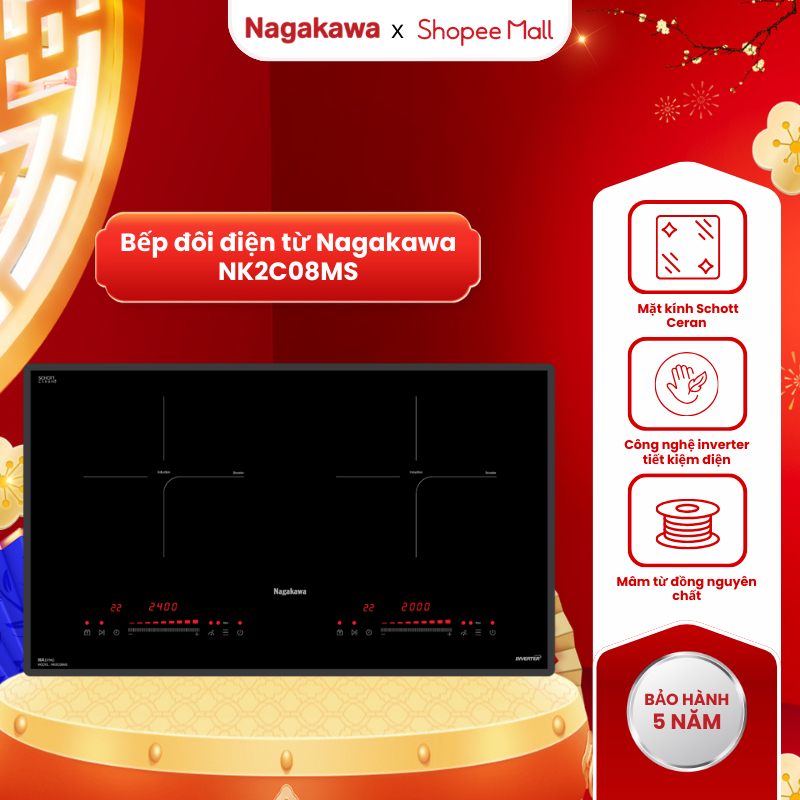 Bếp điện từ đôi Nagakawa NK2C08MS, tiết kiệm điện, mặt kính Schott Ceran