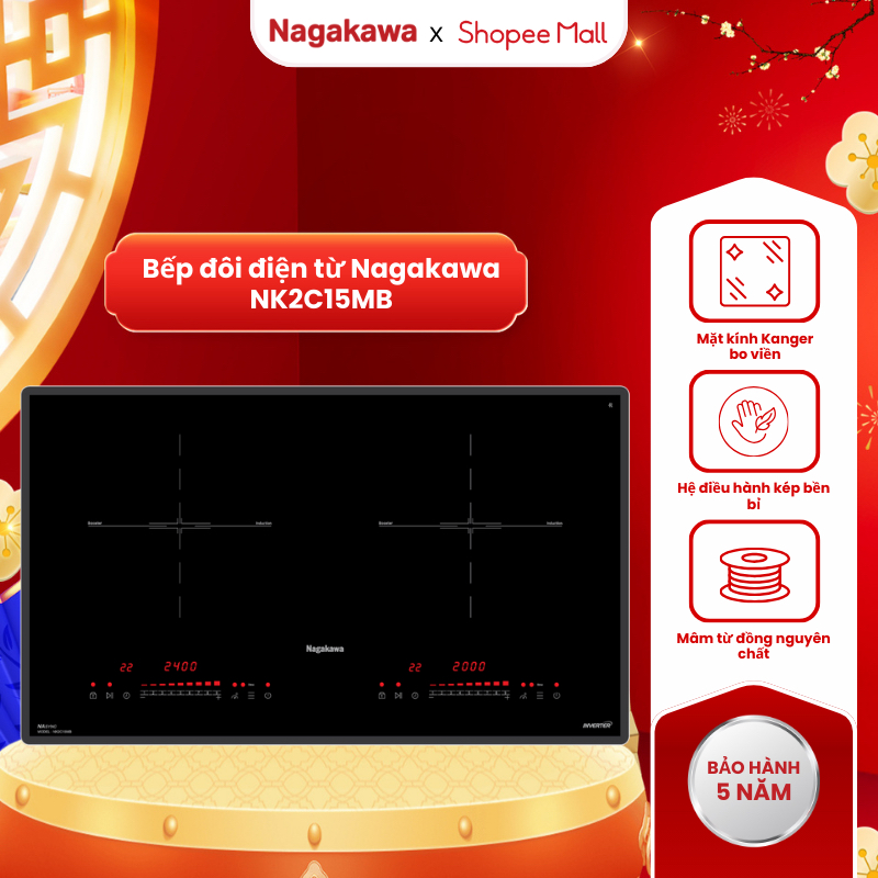 Bếp đôi điện từ cao cấp Nagakawa NK2C15MB, công suất 2400W, 2 vùng nấu, 9 mức công suất linh hoạt