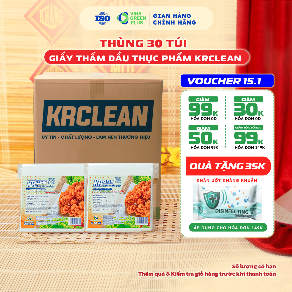 Thùng 30 túi Giấy thấm dầu thực phẩm Krclean thấm hút dầu mỡ thức ăn đồ chiên rán an toàn thực phẩm