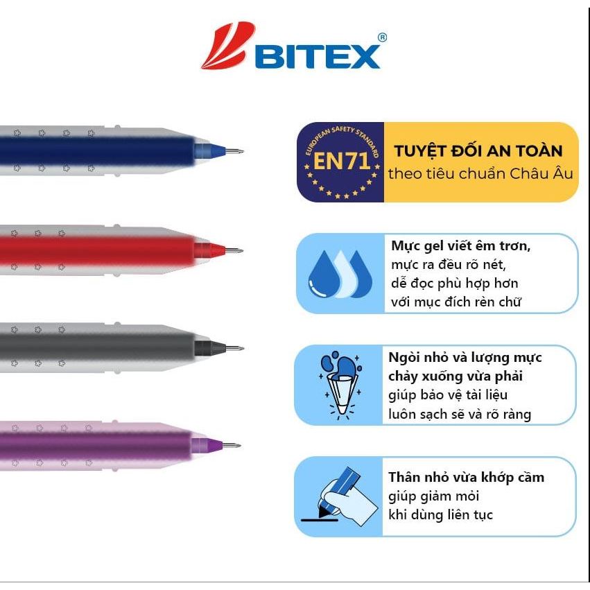 Combo 10 Bút gel Bitex G04 Nét 0.5mm Mực Xanh  Đỏ Tím Đen