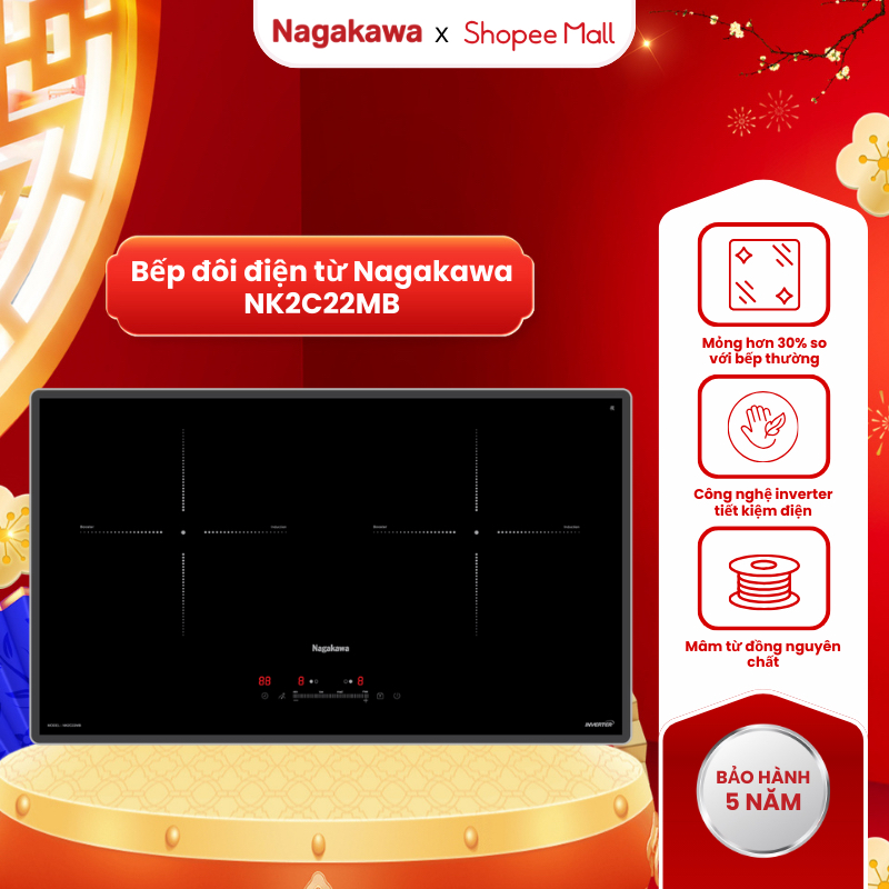 Bếp đôi điện từ Nagakawa UltraSlim NK2C22MB, công nghệ Inverter tiết kiệm điện, 9 mức công suất linh