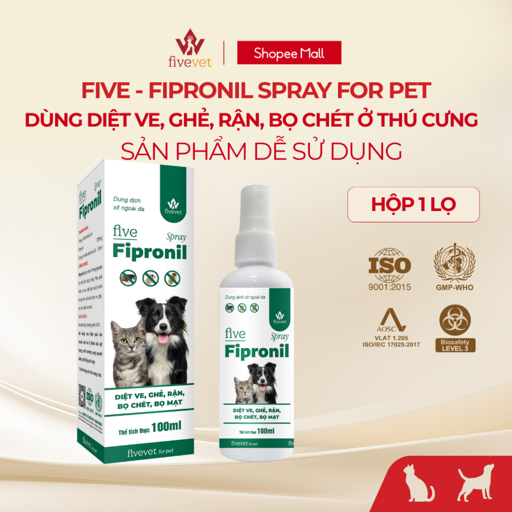 Xịt Hỗ Trợ Kiểm Soát Ve Rận Bọ Chét Cho Thú Cưng FIVEVET Five-Fipronil Spray For Pet