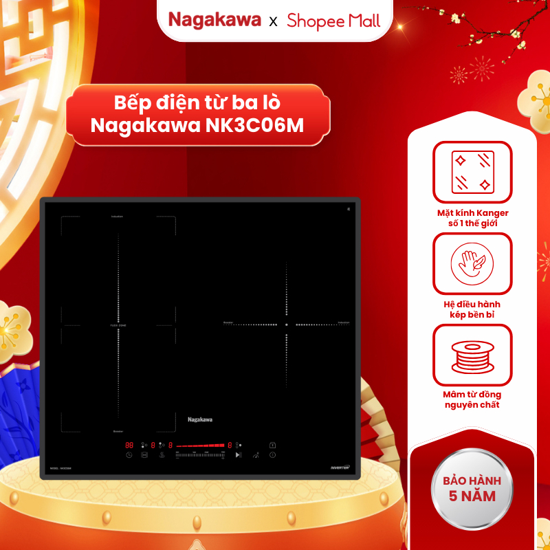 Bếp từ 3 lò Nagakawa UltraSlim NK3C06M, made in Malaysia, bảo hành 5 năm