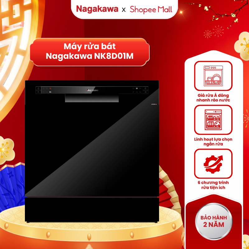 Máy rửa bát cao cấp Nagakawa NK8D61M/NK8D01M, sức chứa 8 bộ bát đĩa, bảo hành 2 năm