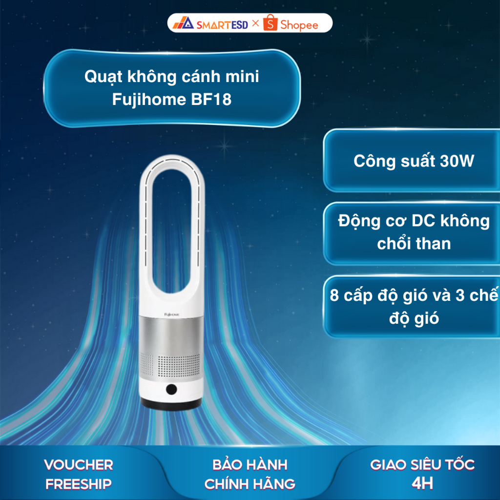 Quạt không cánh mini Fujihome BF18 - Lọc không khí  Anion + UV - Bảo hành chính hãng 24 tháng