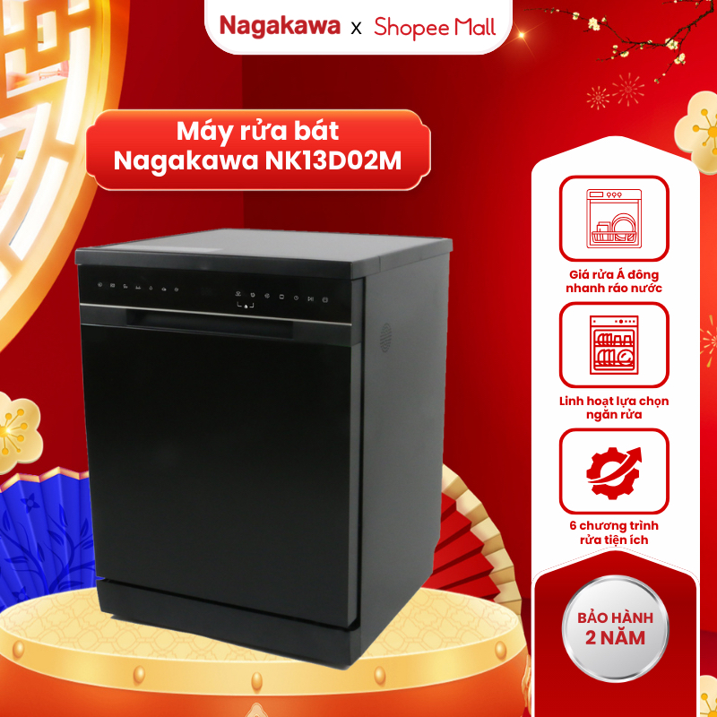 Máy rửa bát Nagakawa NK13D02M 13-14 bộ, màu Đen, kích thước 598x795x600mm