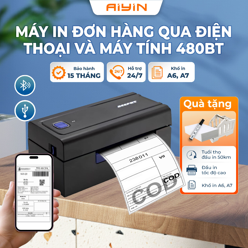 Máy In Nhiệt A6 Kết Nối Bluetooth AYIN 480BT, Máy In Đơn Hàng Từ Điện Thoại Và Máy Tính, In Tem Vận 