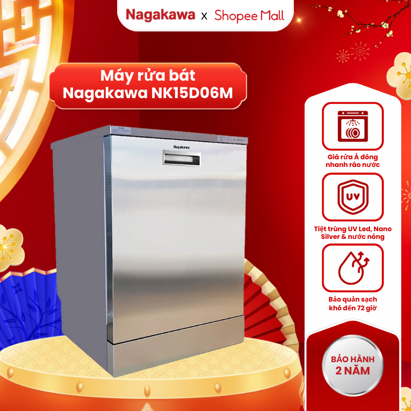 Máy rửa bát 15 bộ Nagakawa NK15D06M, diệt khuẩn UV Led, Nano Silver, bảo hành 2 năm