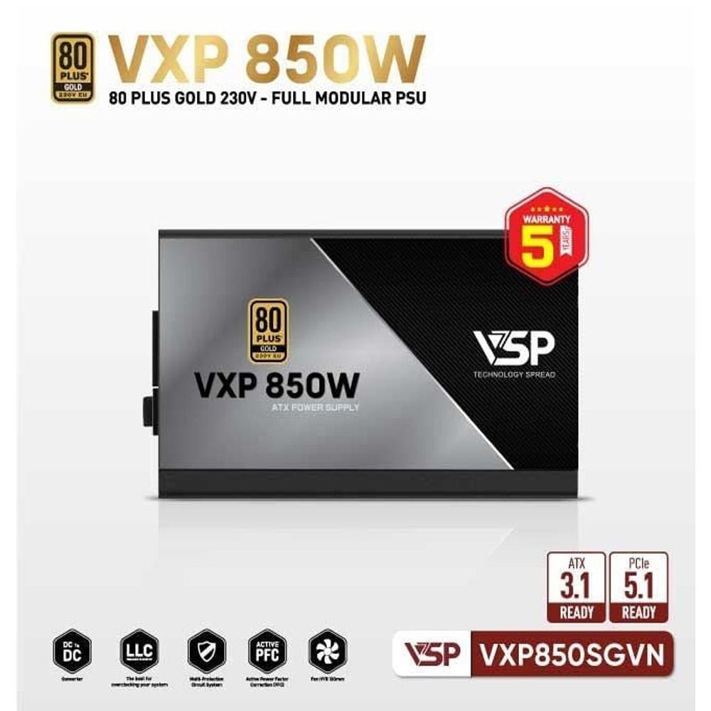 Nguồn máy tính VSP VXP 850W SGVN Gold 230V (80 Plus Gold/ Full-Modular/ ATX/ Đen)