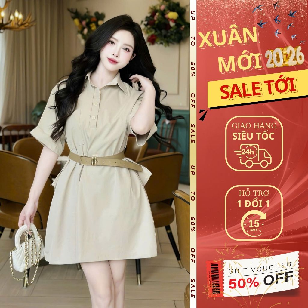 Đầm sơ mi công sở kèm đai Emili Design váy kaki mềm phong cách Hàn Quốc vintage [V548]