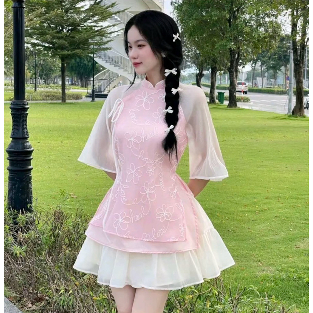 [ Outfit Tết ] Áo dài cách tân ( kèm chân váy ) thêu hoa,đính nơ nổi bật