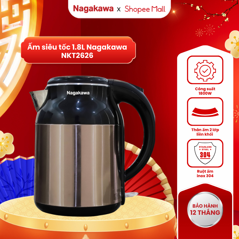 Ấm đun siêu tốc, bình siêu tốc đun nước 1.8L Nagakawa NKT2626, sôi nhanh, tiết kiệm thời gian, bảo h