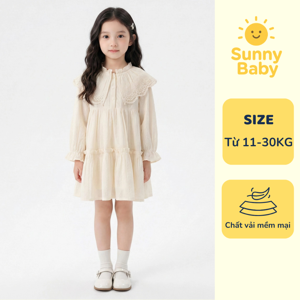 (11-30kg) Váy Cho Bé Gái Màu Kem Thiết Kế Dáng Xoè Nhẹ Nhàng Tiểu Thư Công Chúa
