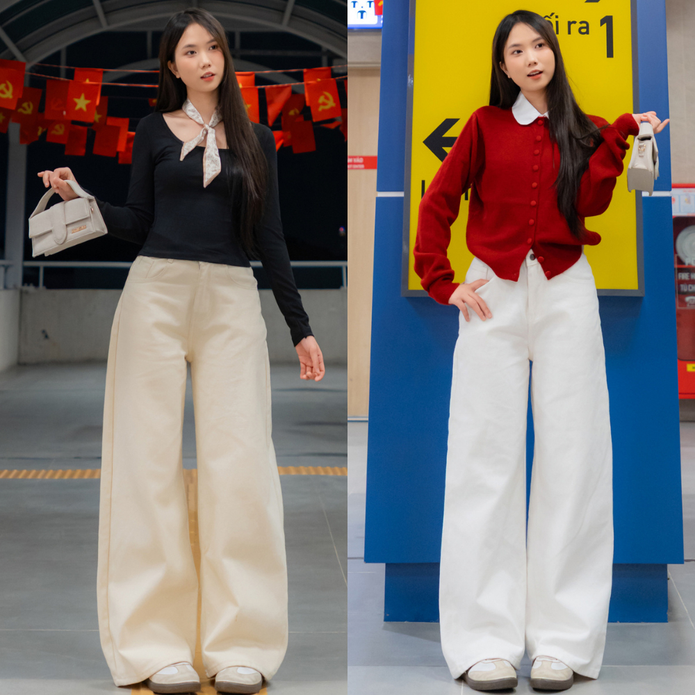 Quần jeans nữ trắng trơn MIAA  ống suông cạp cao vải jean kaki dày phong cách ulzzang Hàn Quốc