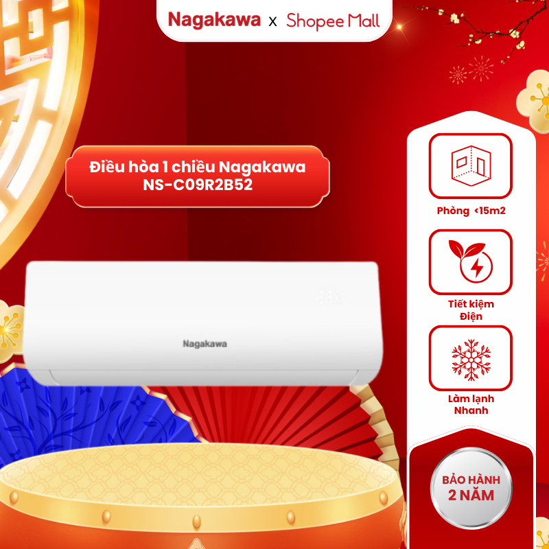 Điều hòa treo tường 1 chiều Nagakawa NS-C09R2B52, làm lạnh nhanh, tiết kiệm điện năng, bảo hành 2 nă