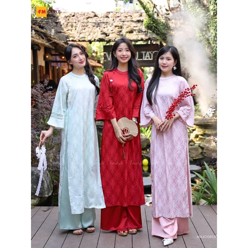 Áo Dài Nữ FMSTYLE SHOP Cách Tân – Cổ Tròn, Viền Tay Loe Đính Ngọc, Dáng Suông Chuẩn, Phù Hợp Mọi Dịp