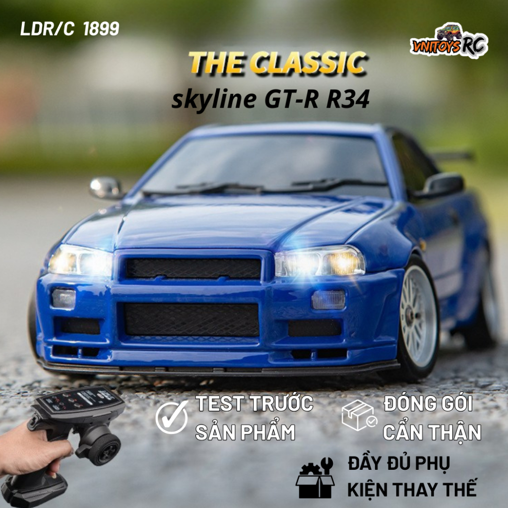 Xe Drift Điều Khiển Từ Xa VNITOYS LD1899 (bảo hành 15 ngày) Nissan GT-R R34 – Hợp Kim,servo,Gyro Cân