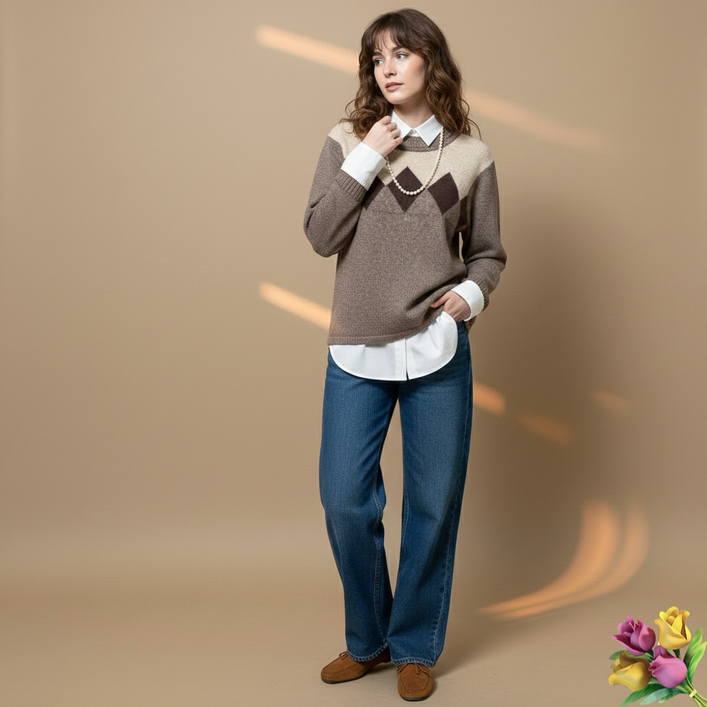 ÁO LEN NỮ HỌA TIẾT ARGYLE CỔ ĐIỂN – PULLOVER CỔ TRÒN TAY DÀI, LEN/WOOL PHA ANGORA MỀM ẤM, THANH LỊCH