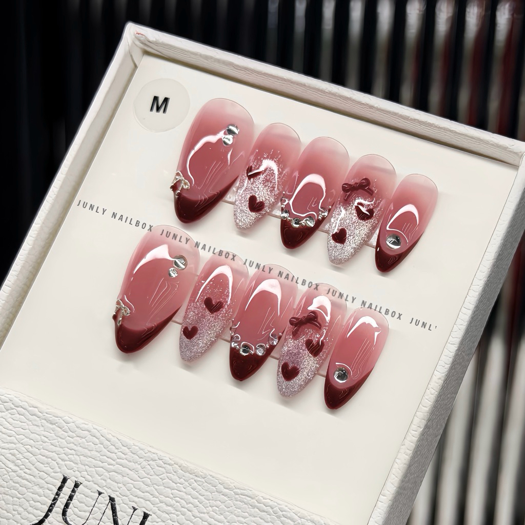 Nailbox Thiết Kế JUNLY móng tay giả tông đỏ mắt mèo noel tết, mã 781