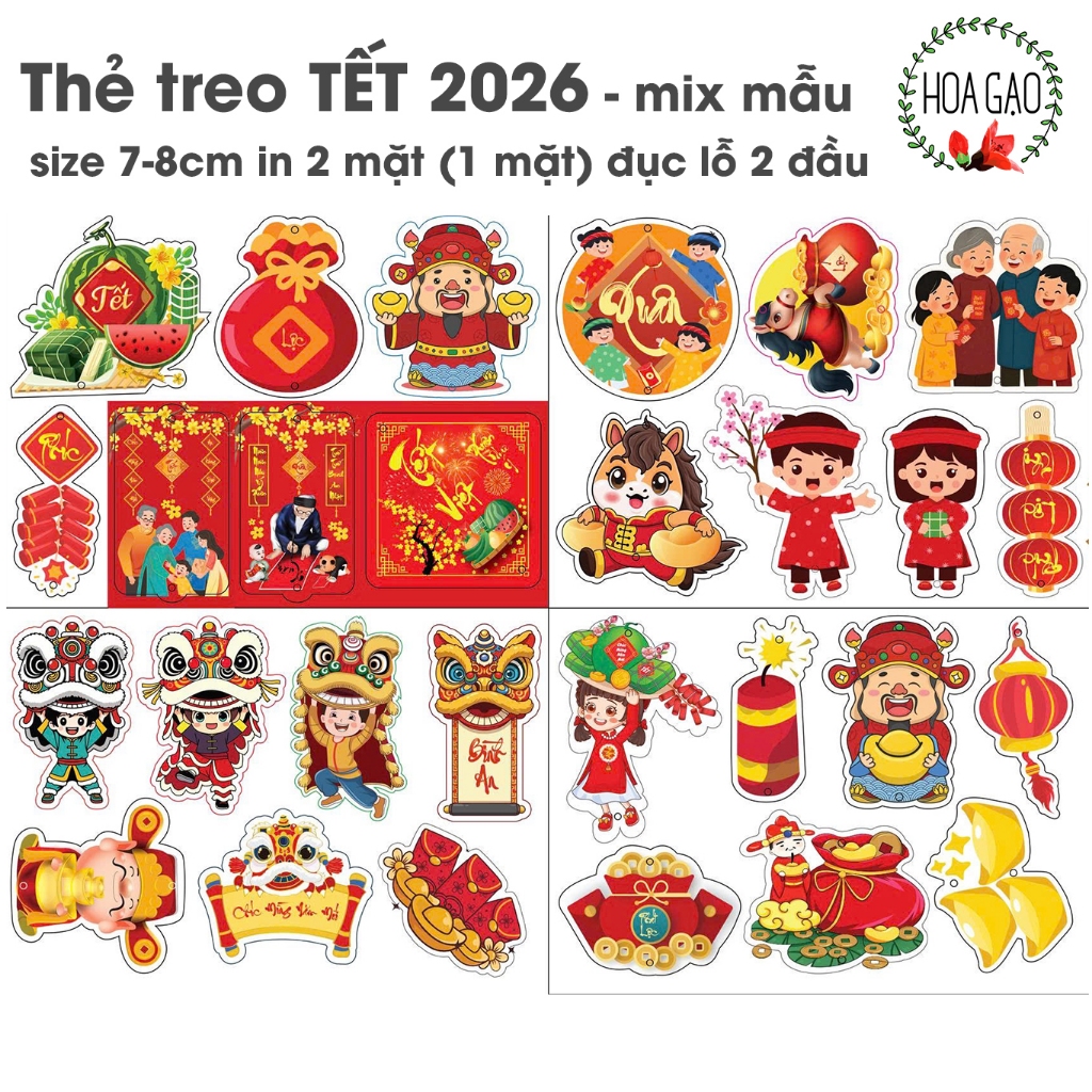 Sticker tết 2026 dây treo trang trí tết [kèm dây] HOA GẠO decor tết tag treo tết tag giấy trang trí