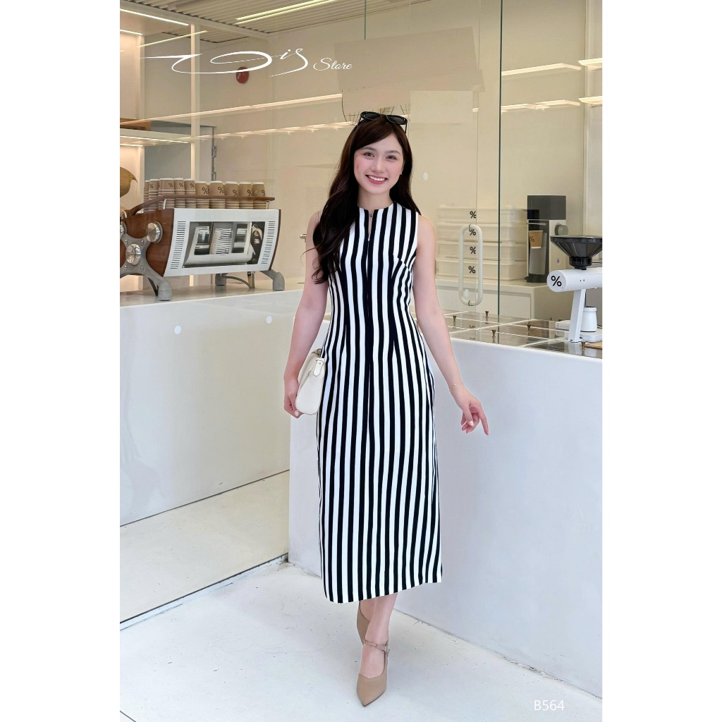 Vis Store - Đầm body sát nách dáng dài sọc trắng