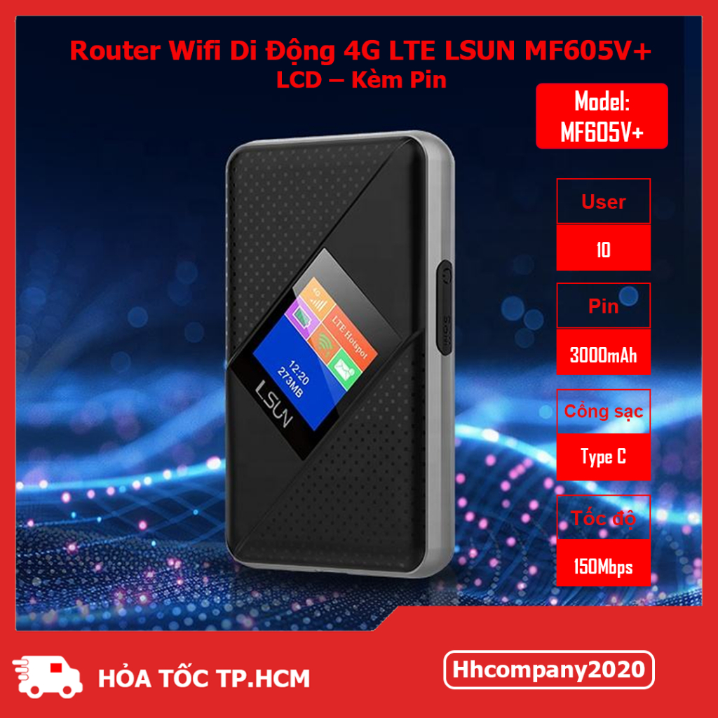 Router WiFi 4G Di Động LSUN MF605V – 150Mbps – Pin 3000mAh – Màn Hình LCD – 10 Thiết Bị – SIM 3G/4G