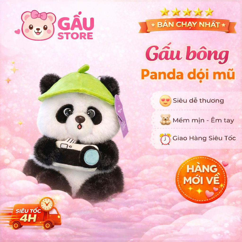 Gấu Bông Panda Đội Mũ, Gấu Trúc Đeo Cặp Dễ Thương Mềm Mịn - Gấu bông Gấu Store