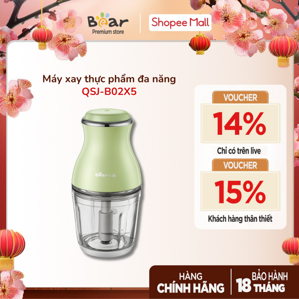Máy xay thực phẩm đa năng Bear QSJ-B02X5 (CH-4H02X) - Hàng chính hãng, Bảo Hành 18 Tháng