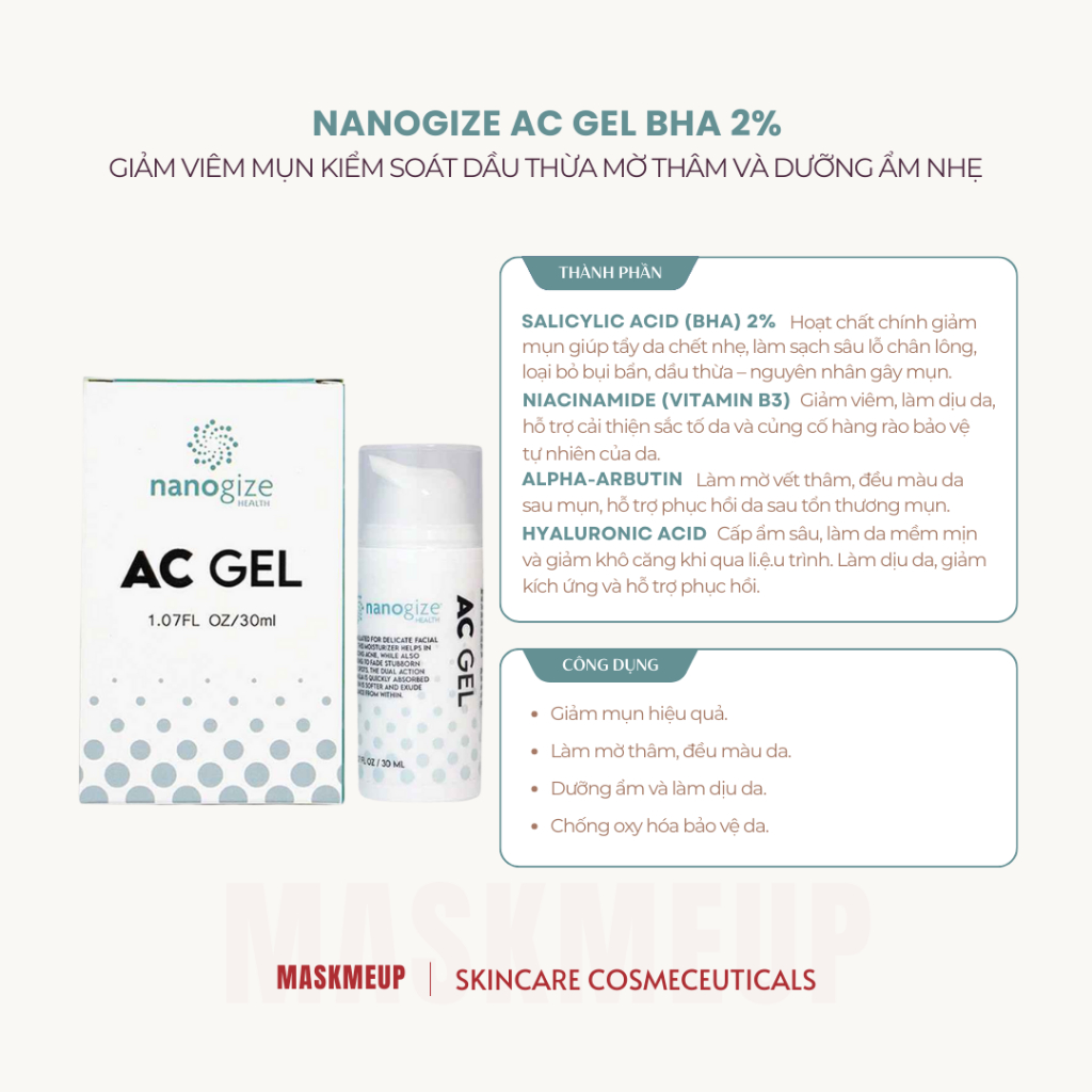 Gel giảm mụn, mờ thâm | Nanogize AC Gel BHA 2% (30ml)