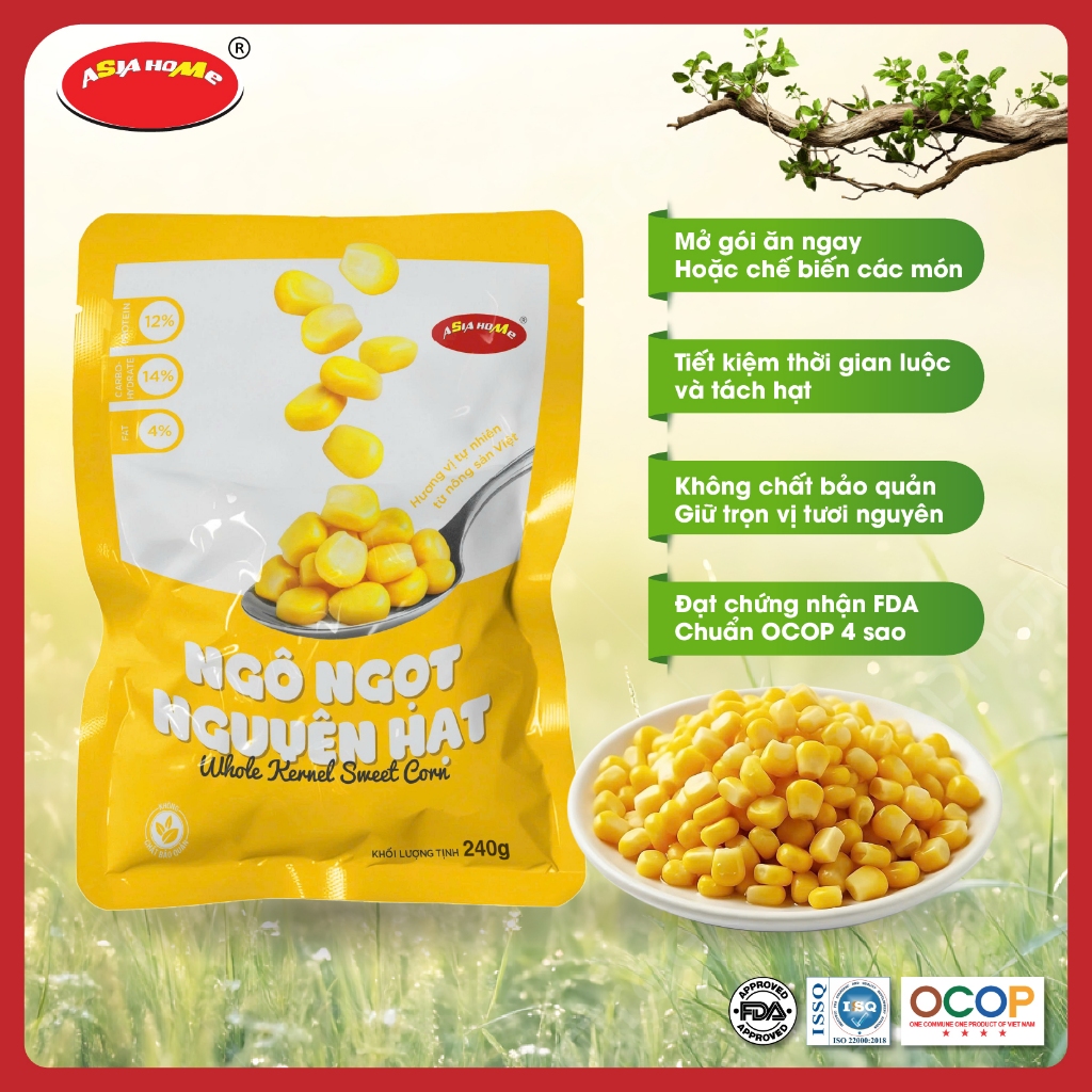 Túi Ngô Ngọt Nguyên Hạt ASIA HOME 240g - Túi Nhôm hút chân không – Giòn Ngọt Tự Nhiên – Không chất bảo quản
