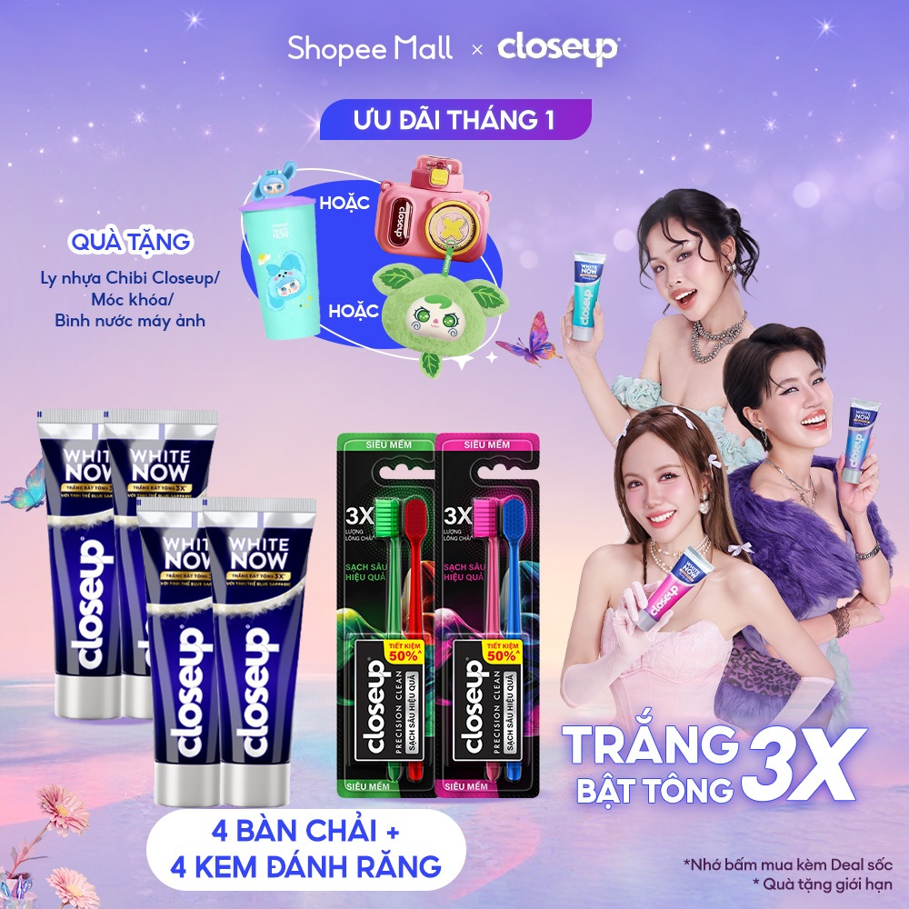 Bộ 4 kem Đánh răng Closeup White Now + Bộ 4 bàn chải Closeup Precision
