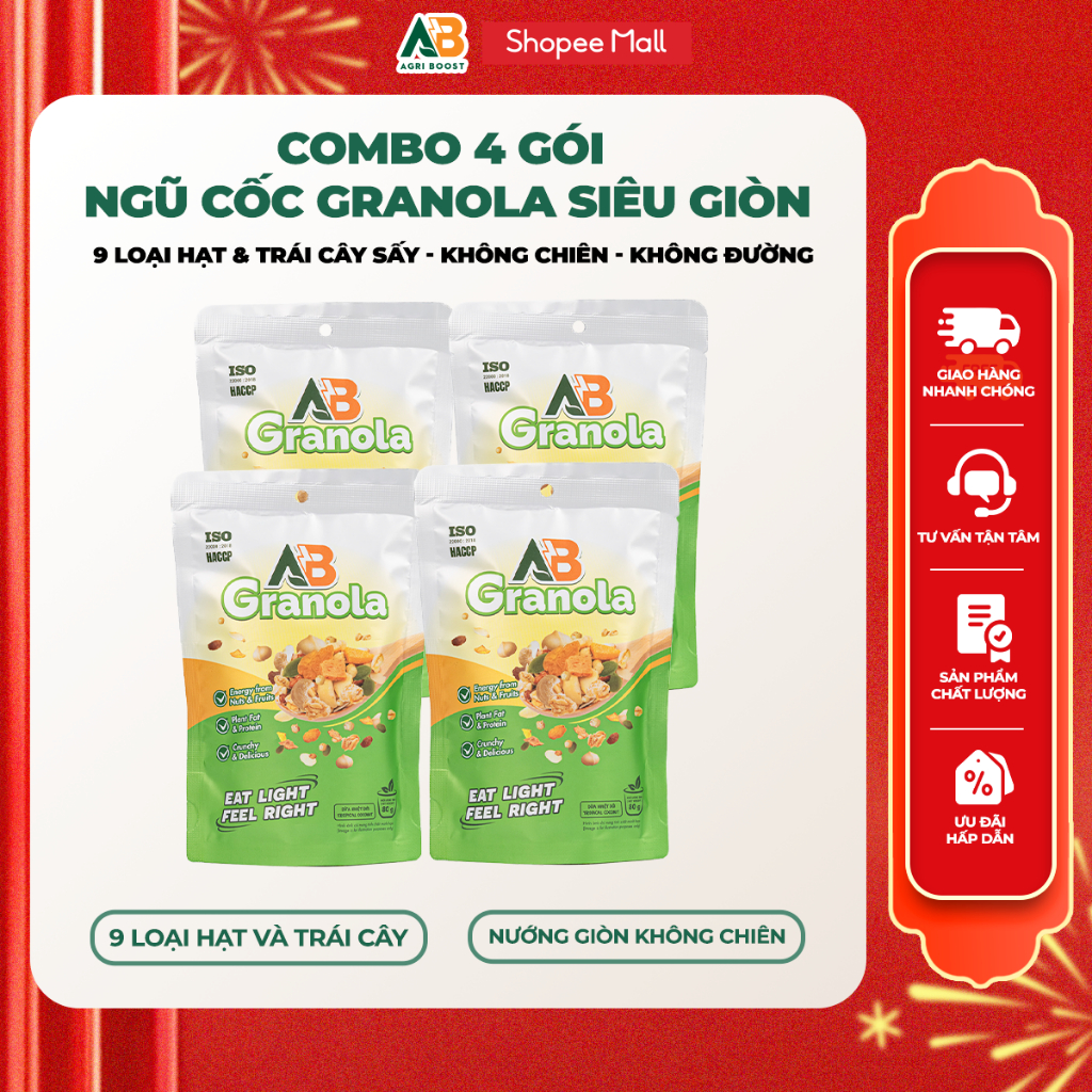 Combo 4 Túi Ngũ Cốc Granola 80g Hạnh Nhân, Macca, Điều, Bí, Trái Cây & Bánh Dừa Nướng Siêu Giòn AB N