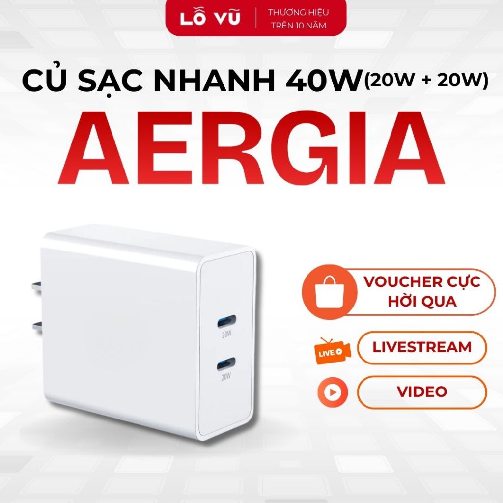 Củ sạc nhanh 40W Aergia - PD2101, 2 Cổng sạc PD type C, Chân cắm dẹt - Phụ kiện điện thoại, levu01, lỗ vũ, vuabanlo