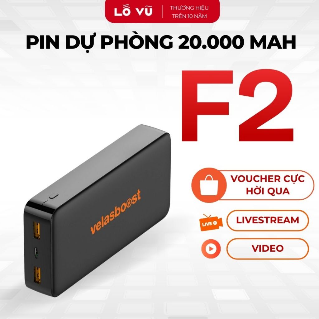 Pin sạc dự phòng 20.000mAh velasboost F2, Sạc nhanh PD 18W, Đèn báo pin - Hàng chính hãng, Lỗ Vũ 1, velasboost