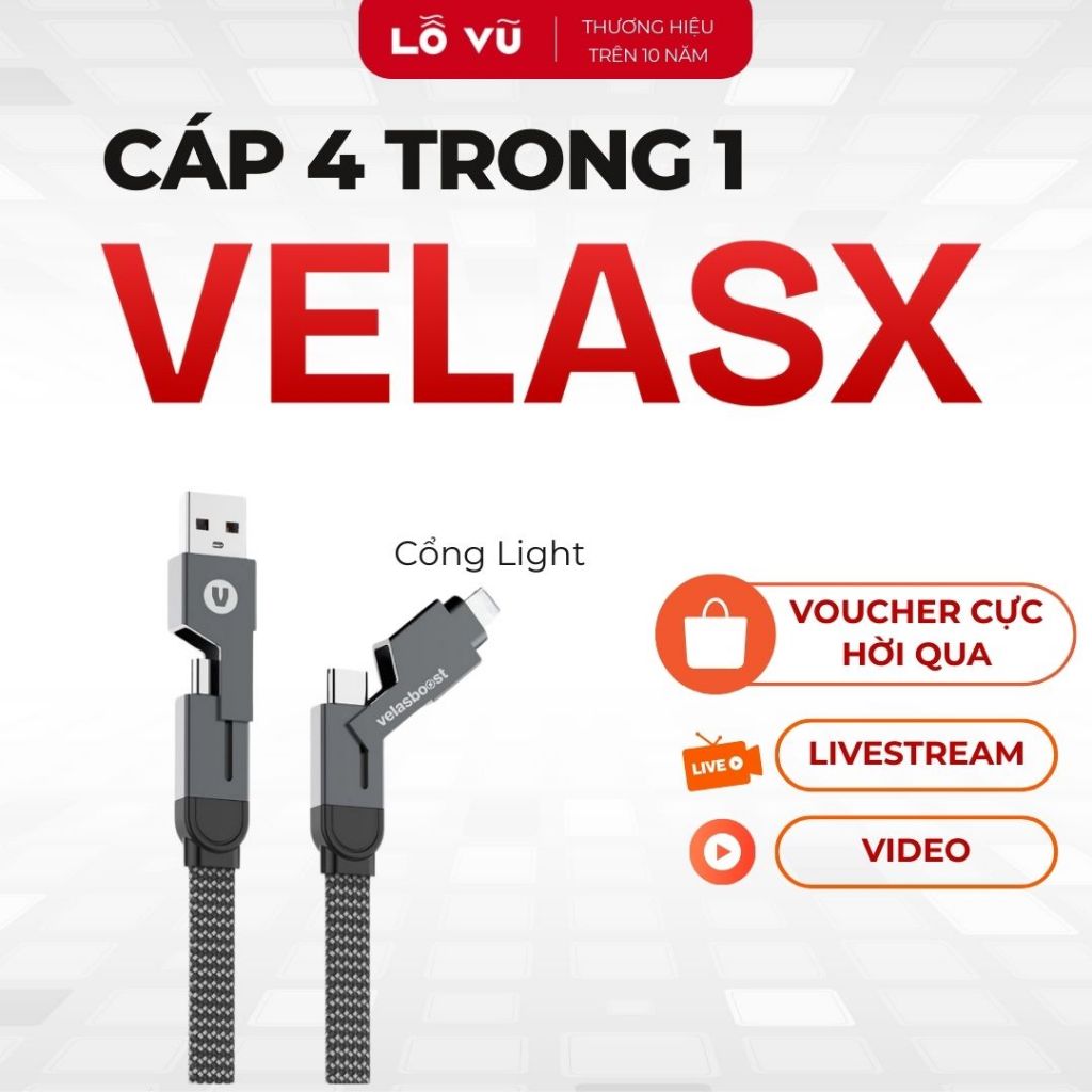 Dây sạc nhanh 4 trong 1 velasX velasboost, Truyền dữ liệu, Bọc dù, Đầu nam châm, Sạc đa năng - Lỗ Vũ