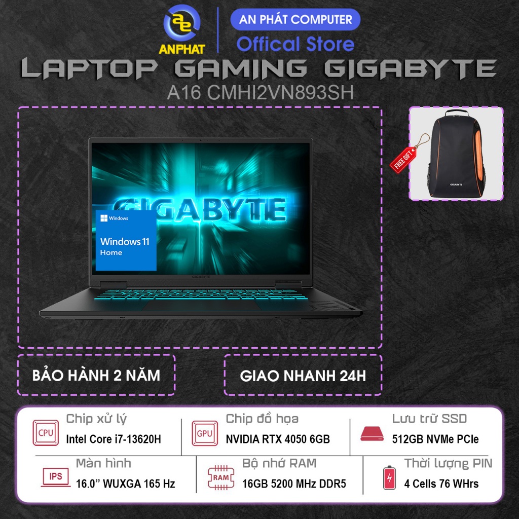 Laptop Gaming A16 GIGABYTE CMHI2VN893SH, Core i7 13620H, RTX 4050 6GB, 16.0 FHD+ 165Hz, Win11
