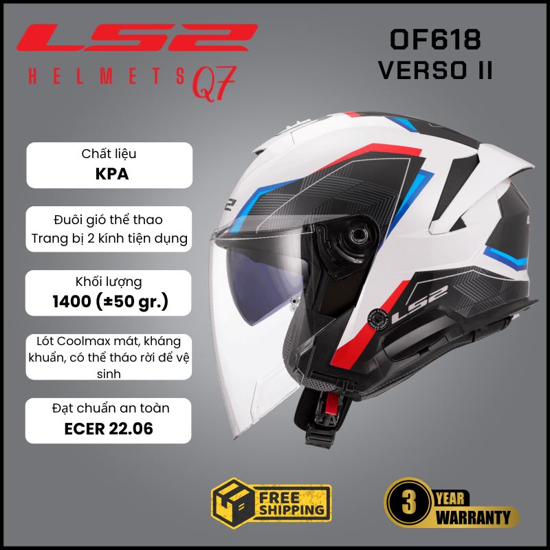 Mũ bảo hiểm 3/4 LS2 OF618 Verso II New 2025 có 2 kính chắn chuẩn ECE22.06 size M đến 3XL