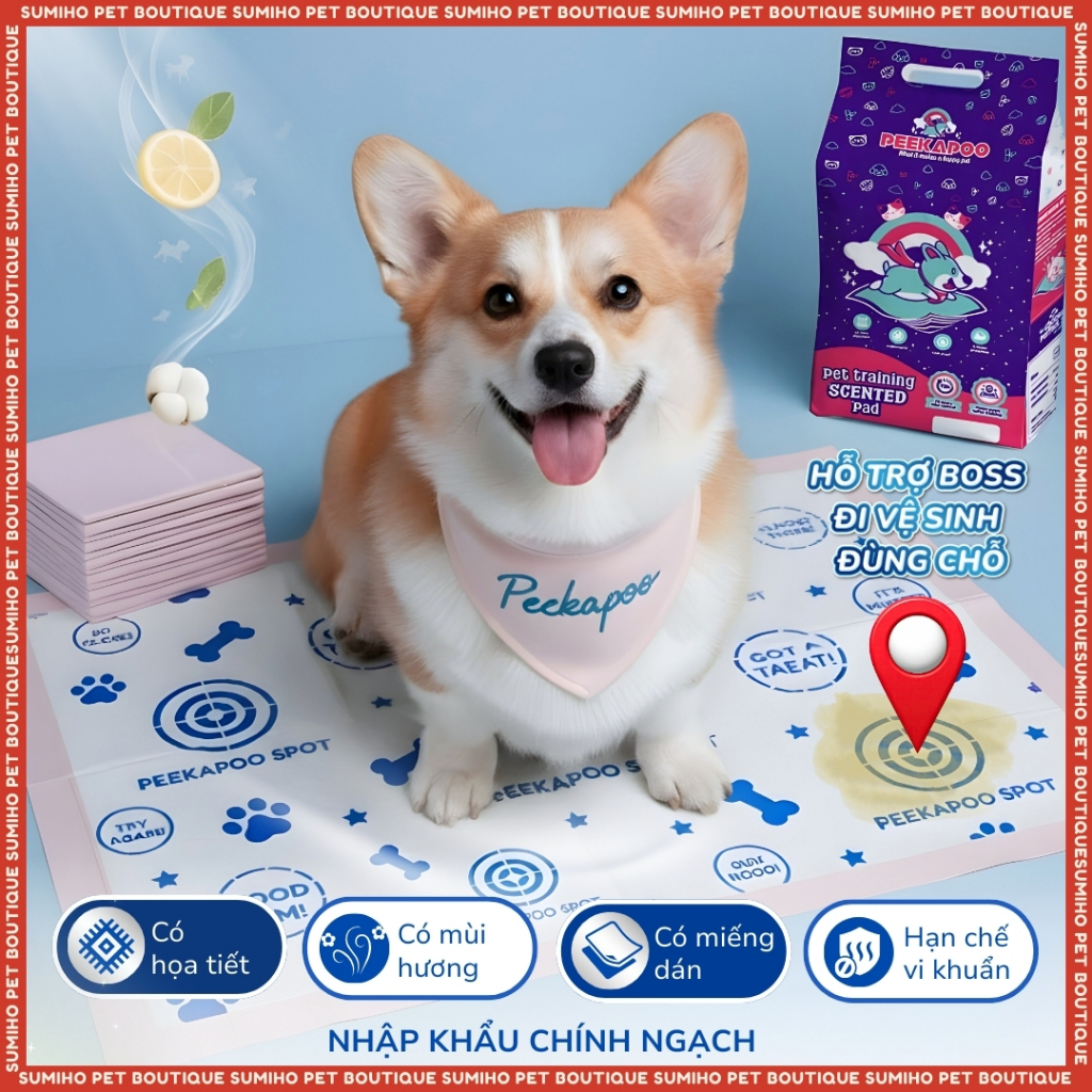 Tã lót vệ sinh cho chó Peekapoo (có mùi hương hỗ trợ khử mùi) tã trải sàn lót chuồng Sumiho Pet Boutique tặng xúc xích