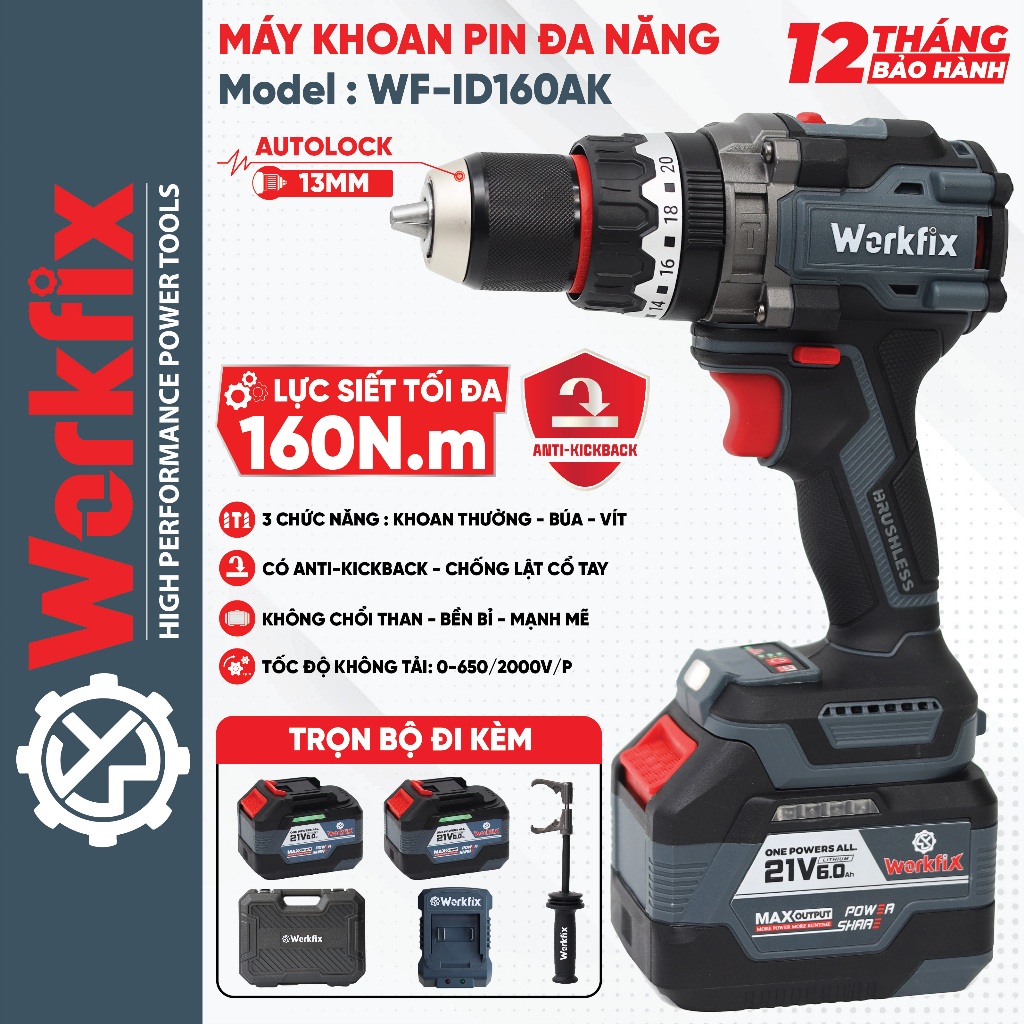 Máy khoan pin WORKFIX 160AK Màu Xám, Lực siết 160Nm, Khoan tường, Khoan Rút Lõi, Có Anti-KickBack
