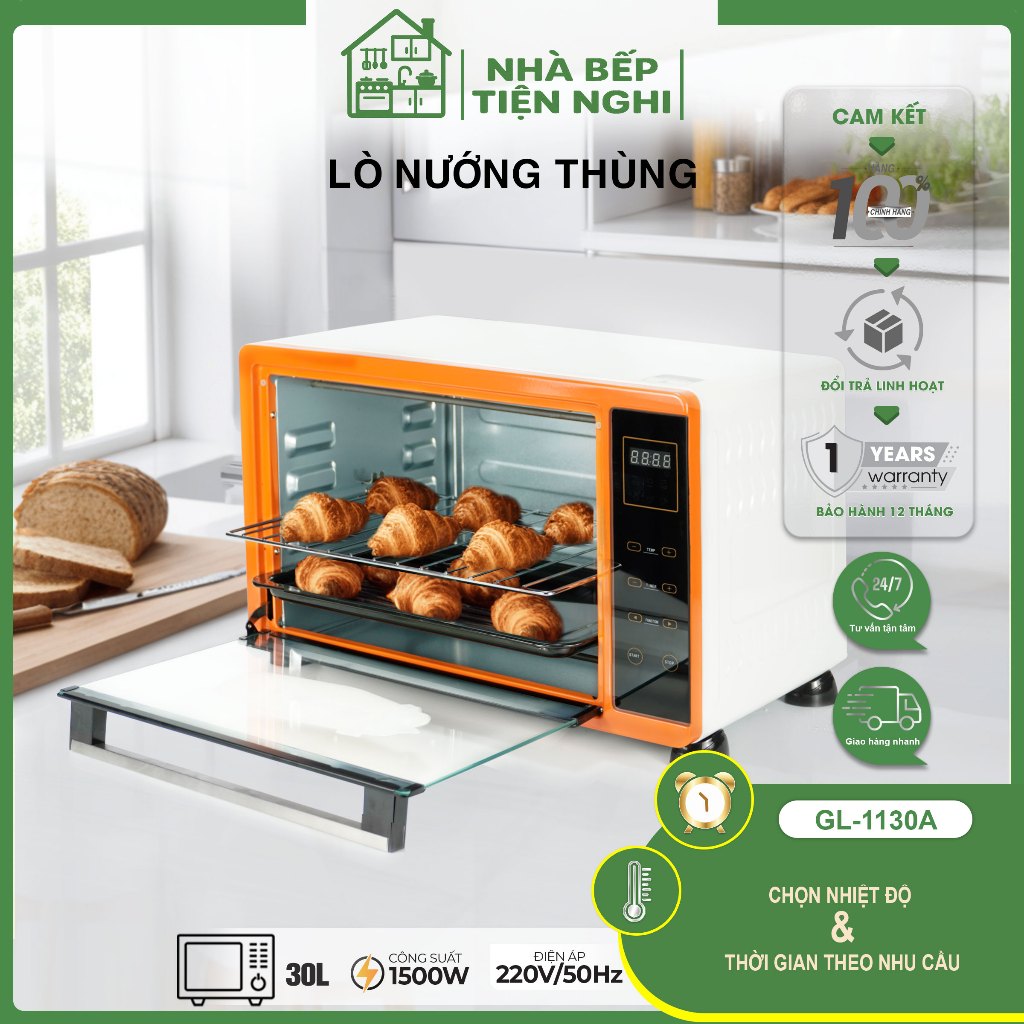 Lò Nướng Gia Đình 30L 1130A Có Xiên Quay, Nướng Bánh, Pizza – Nướng Nhanh, Chín Đều – Quạt Đối Lưu