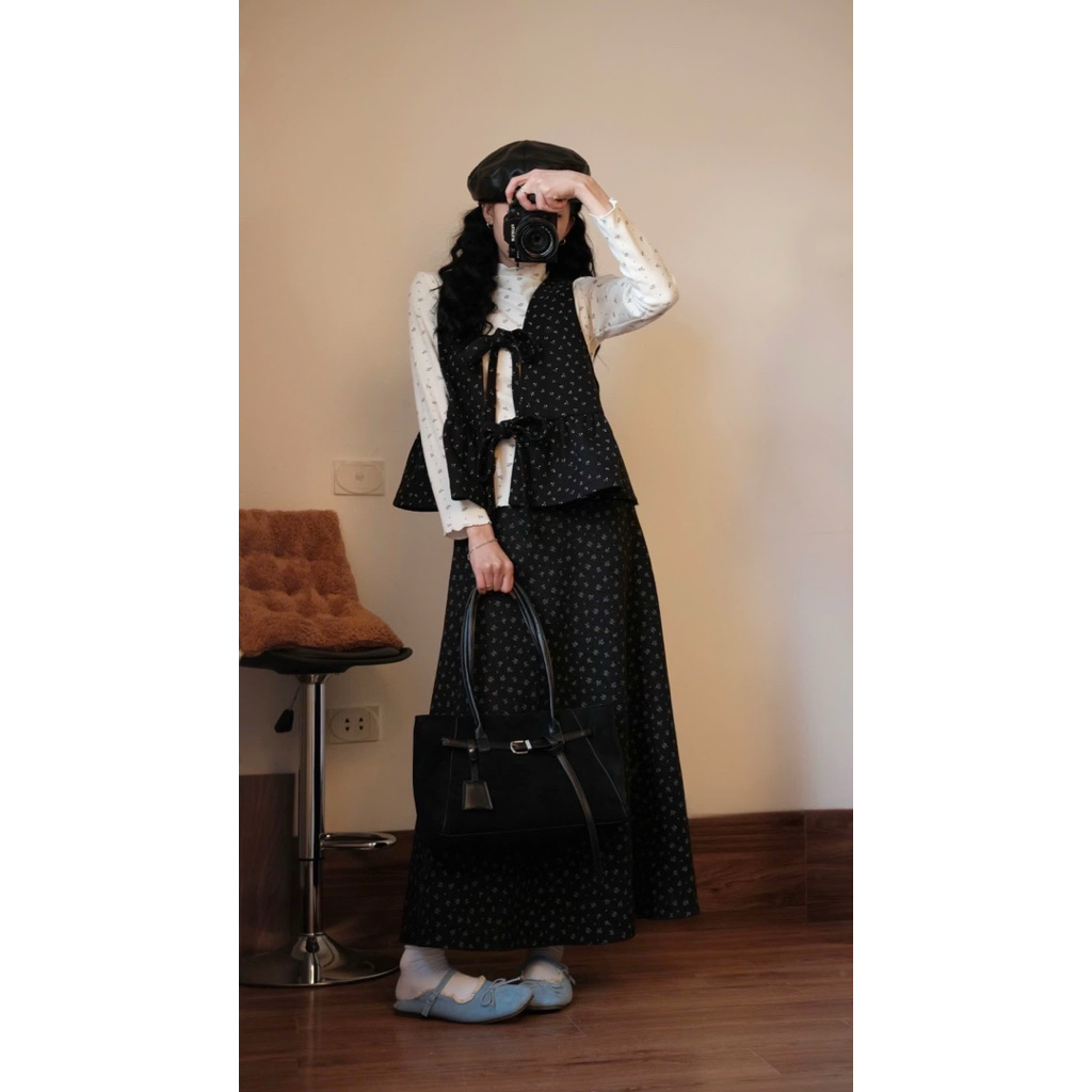 [S2.4261] Set Áo Babydoll Buộc Nơ Mix Chân Váy Dài Xoè 2 Màu | BigBuy360 - bigbuy360.vn