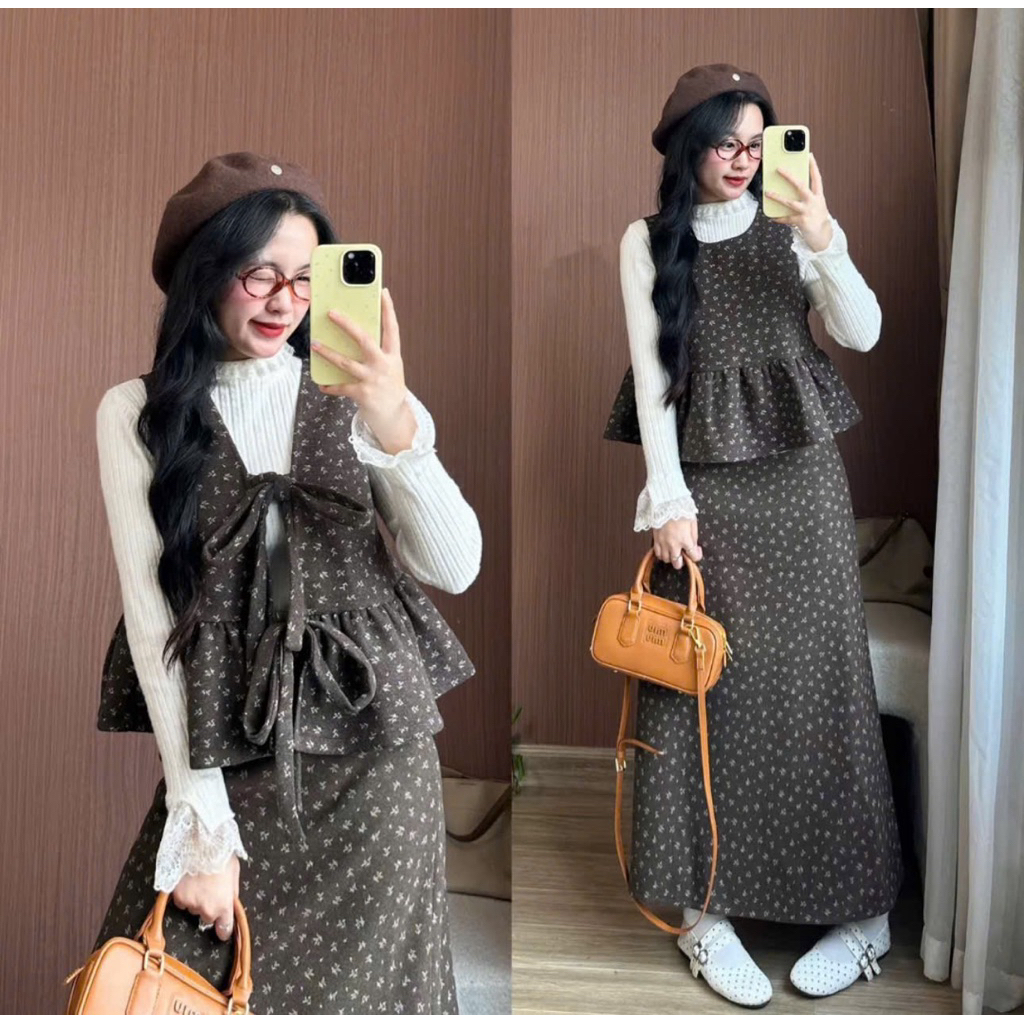 [S2.4261] Set Áo Babydoll Buộc Nơ Mix Chân Váy Dài Xoè 2 Màu | BigBuy360 - bigbuy360.vn